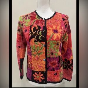 Vintage Fisher Hill Hand Knit Sweater Cardigan Quilt Patch Style Buttons Size S
